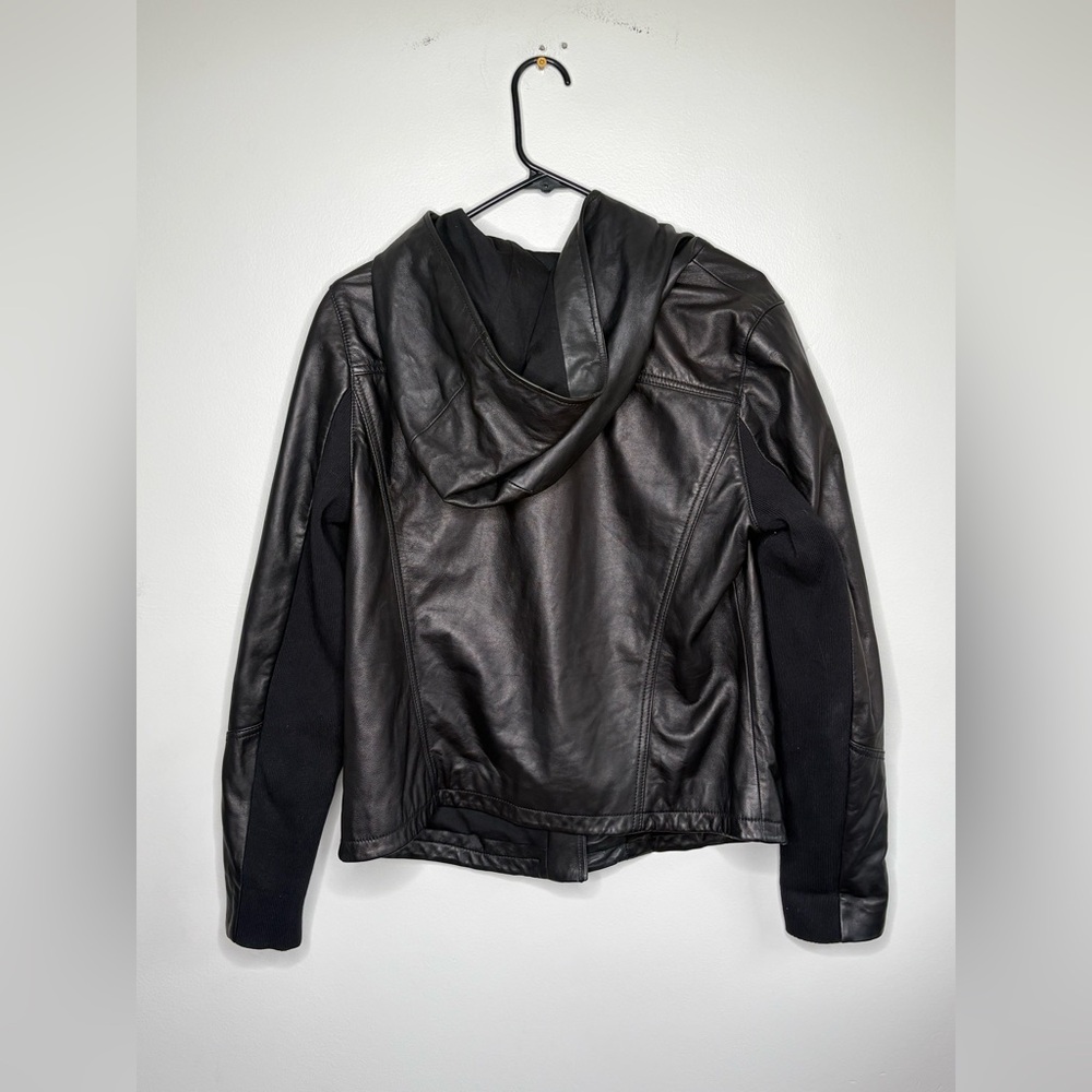Hinge Black Leather Hooded Moto Jacket Asymmetrical Zip - Picture 2 of 9